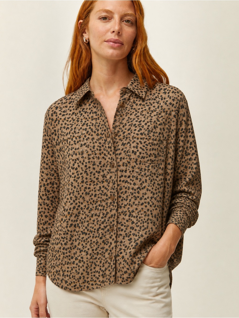 Side Stitch Leopard Print Button Down Shirt Blouse Brown Women Size M